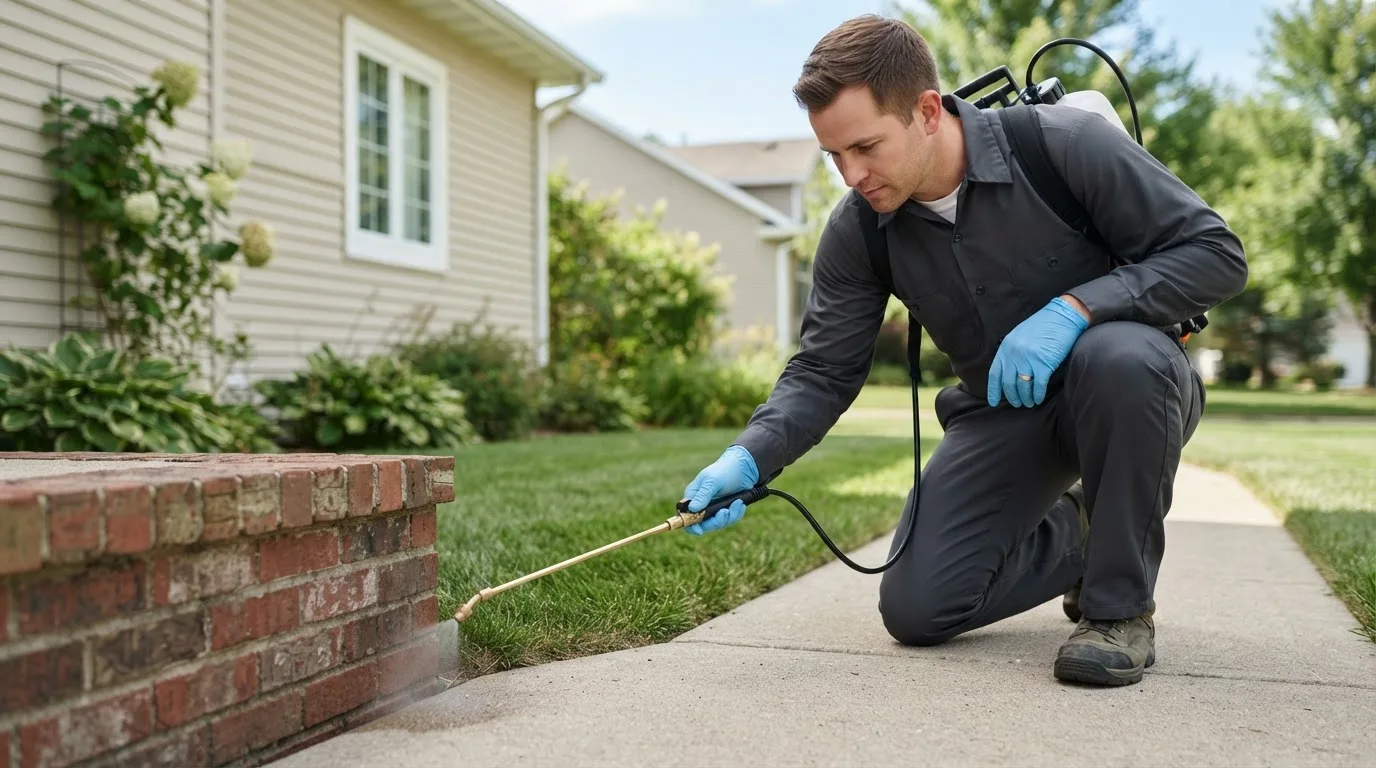 Pest control technician treating a home near Hennessey, OK