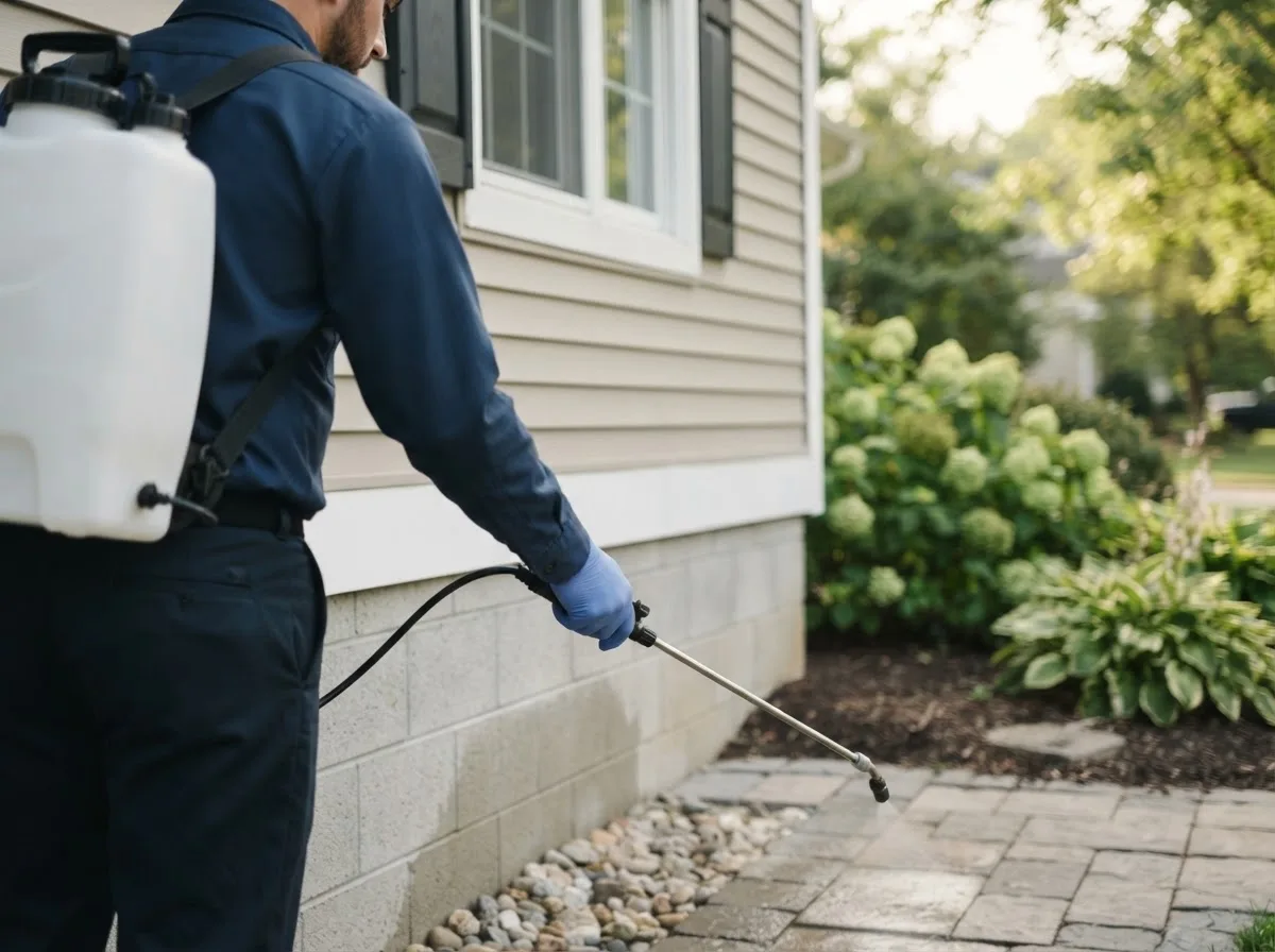 Pest control technician inspecting a home in Hennessey, OK